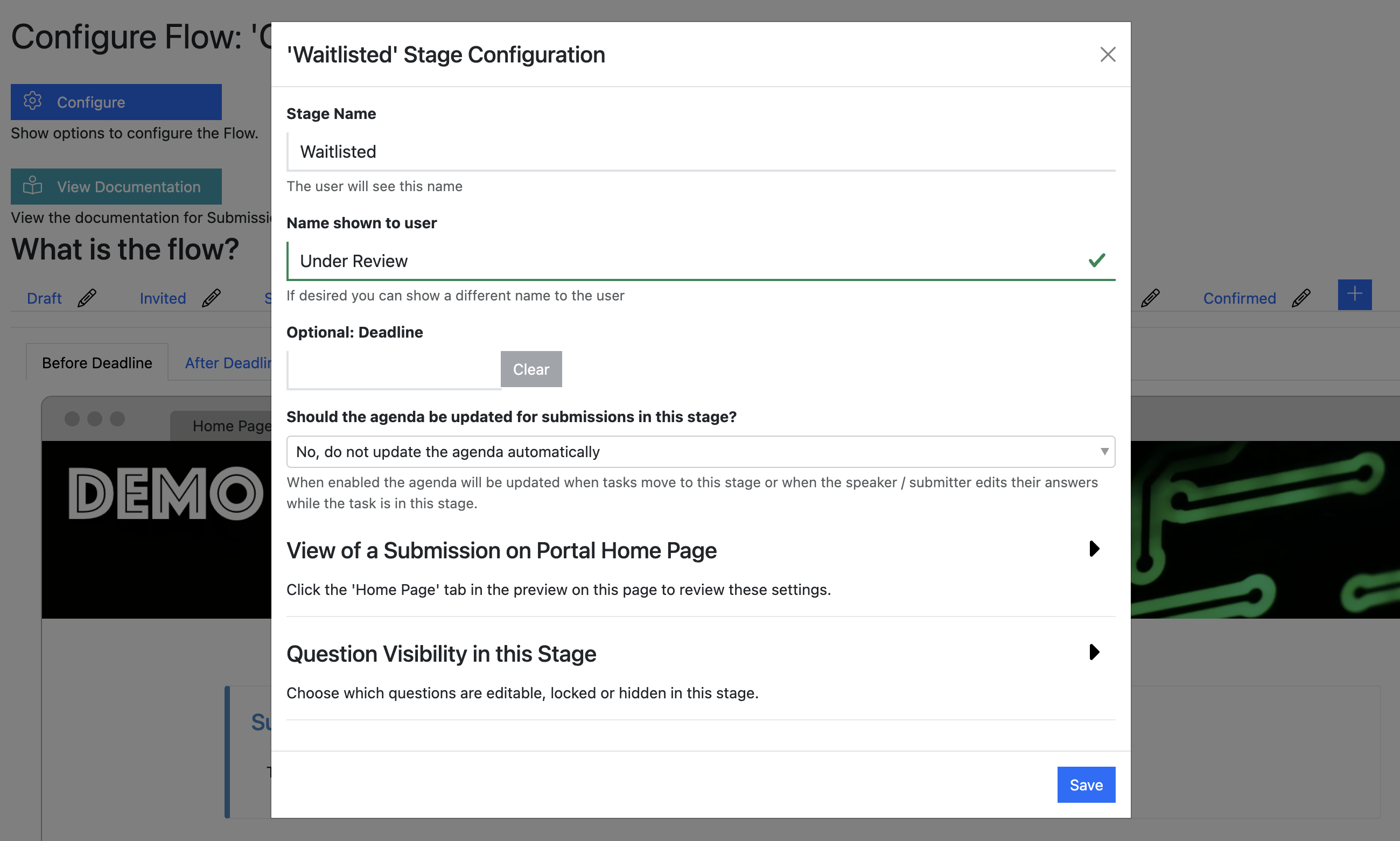 Screenshot of a Submission Stage’s configuration pop-up