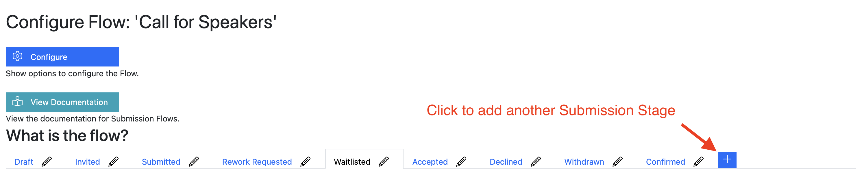 Screenshot of the list of Submission Stages, highlighting the ‘add stage’ button