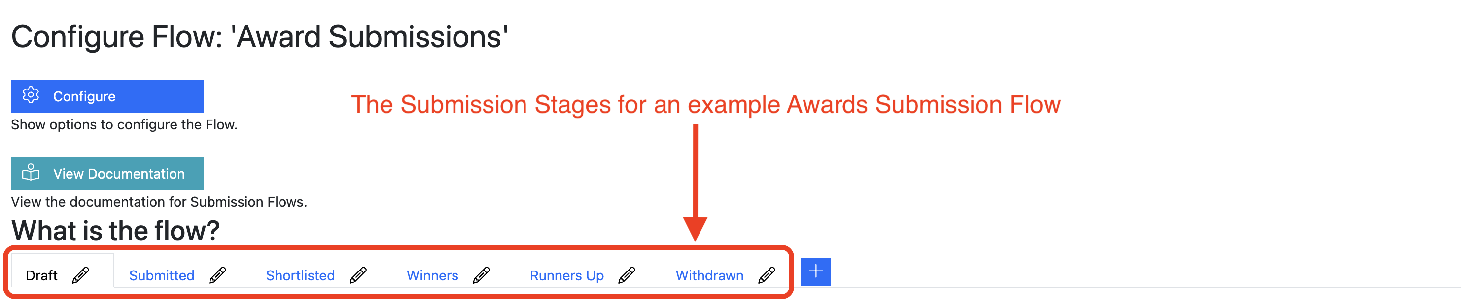 Screenshot detail of an Awards submission flow highlighting the Submission Stages