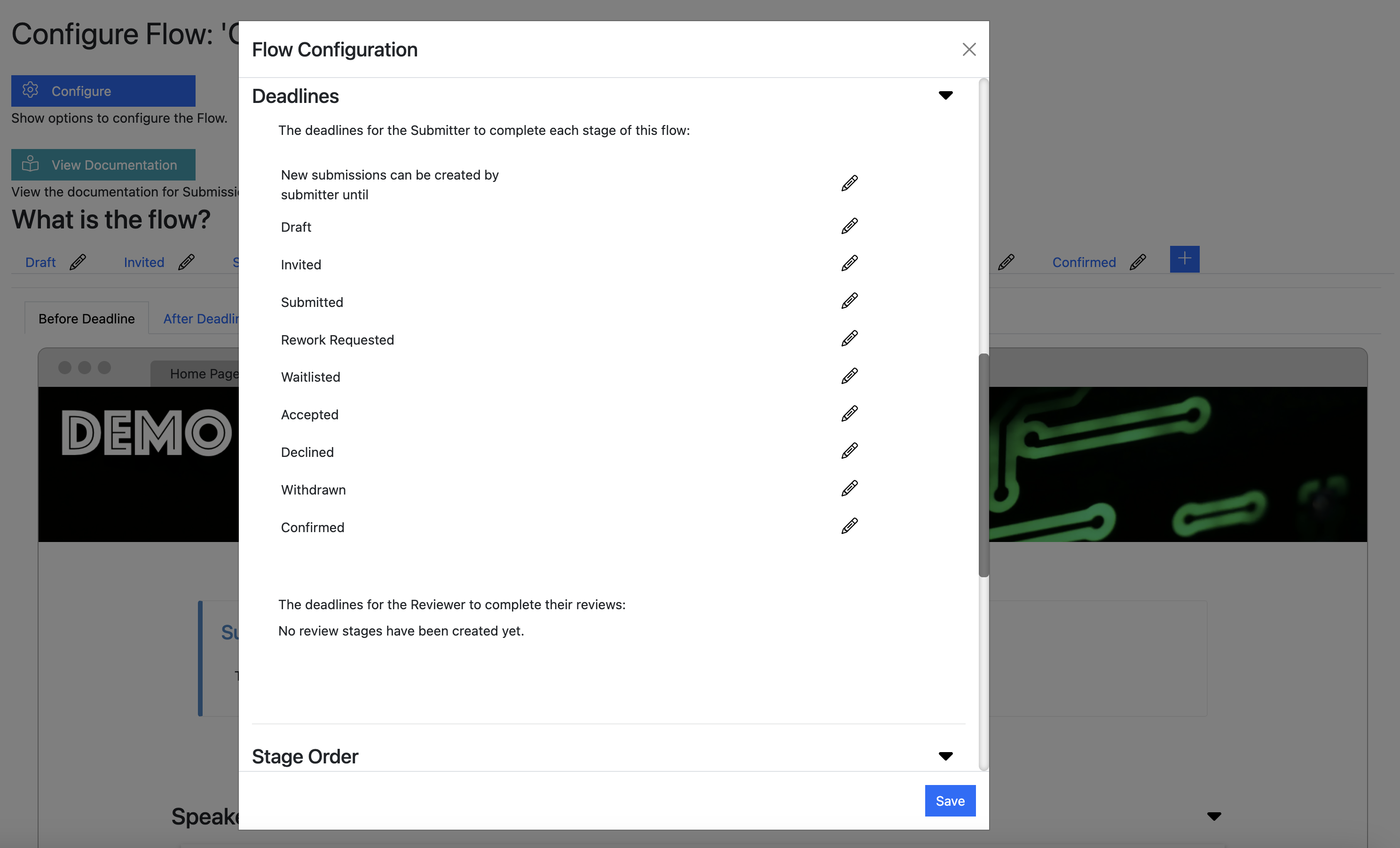 Screenshot of the Submission Stage Configuration page showing the Configuration popup, scrolled to the Deadlines section