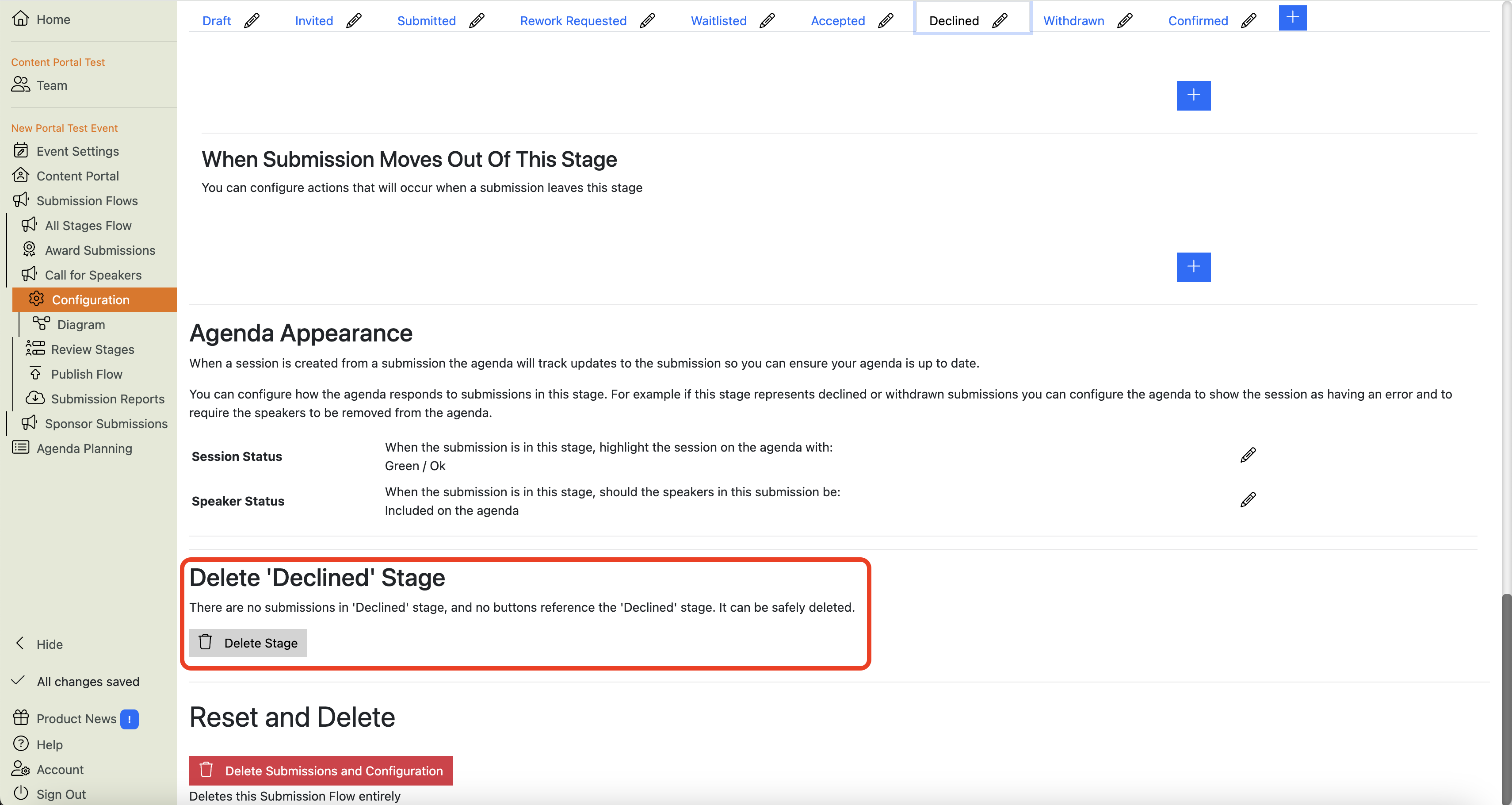 Screenshot of a Submission stage’s configuration showing that it is OK to be deleted.