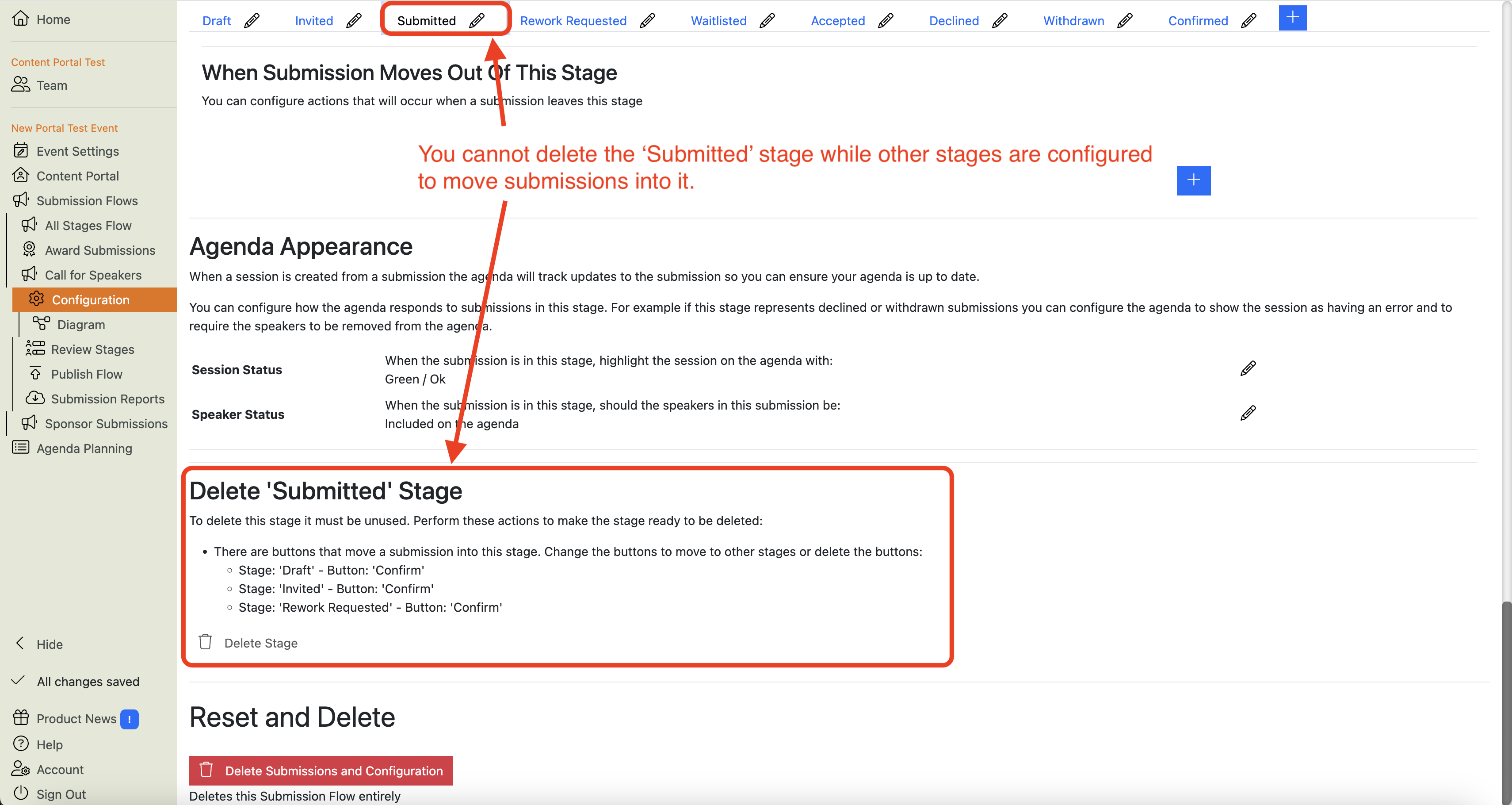 Screenshot of a Submission Stage showing why it can’t currently be deleted.