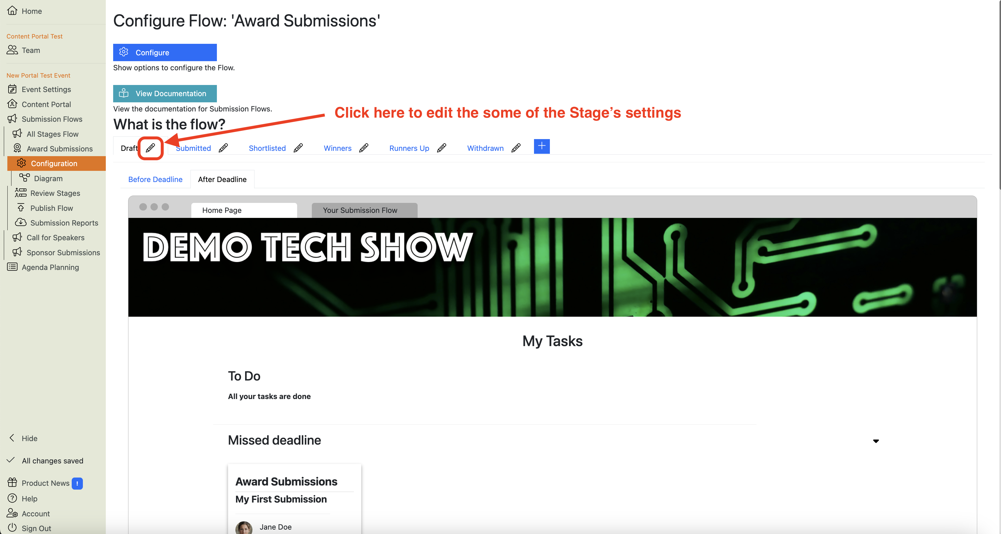 Screenshot of a Submission Flow’s Main configuration view, showing how to edit a stage’s settings