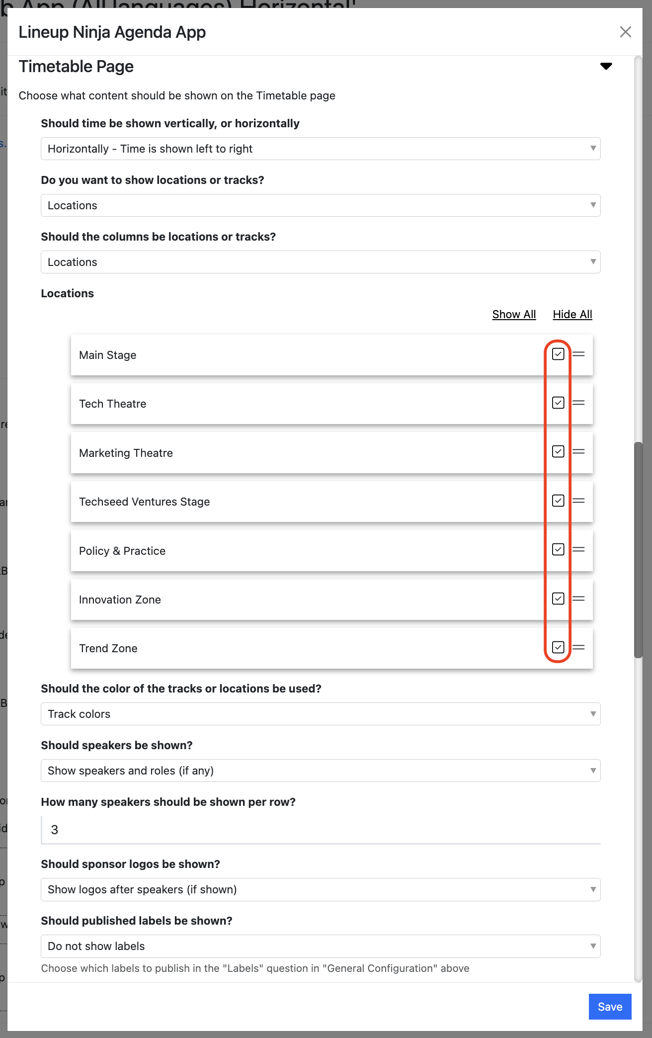 Screenshot of the Agenda App dialogue box showing the Timteable Page Configuration section, with the location check boxes highlighted