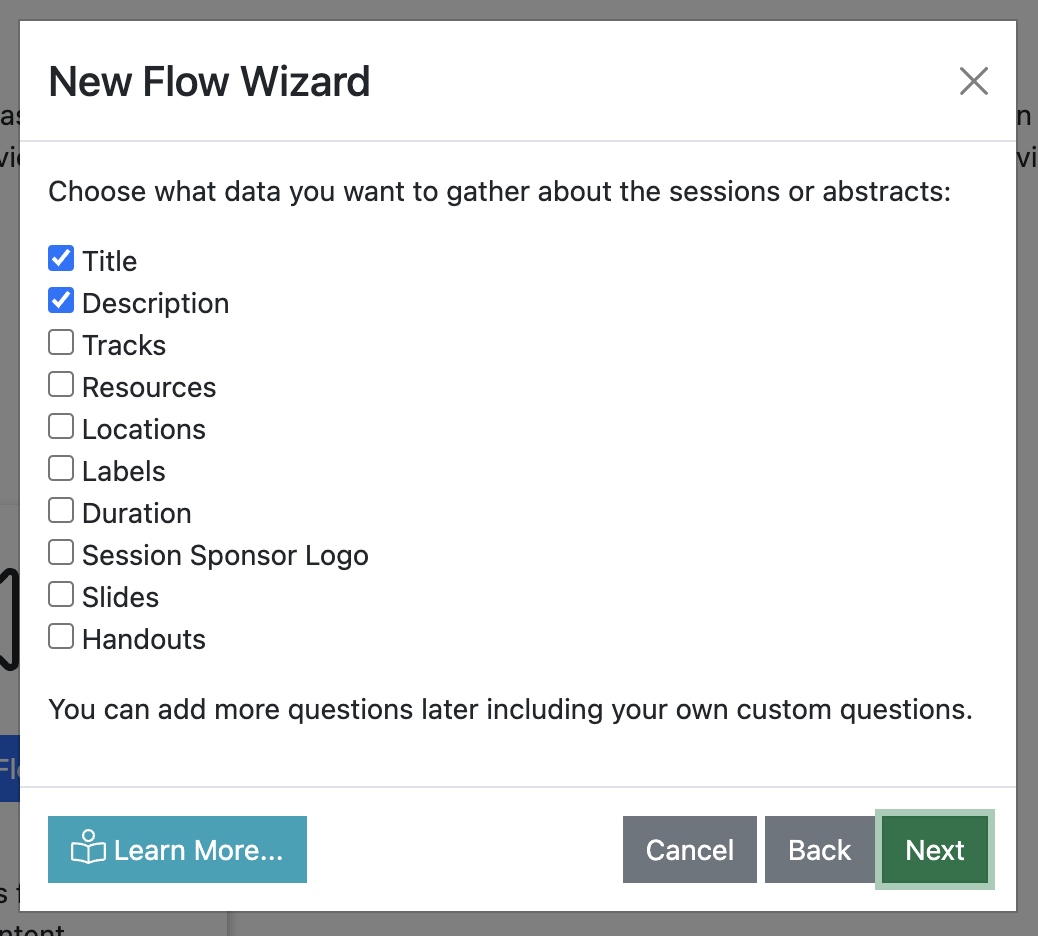 Screenshot of the New Flow Wizard asking about session or abstract data