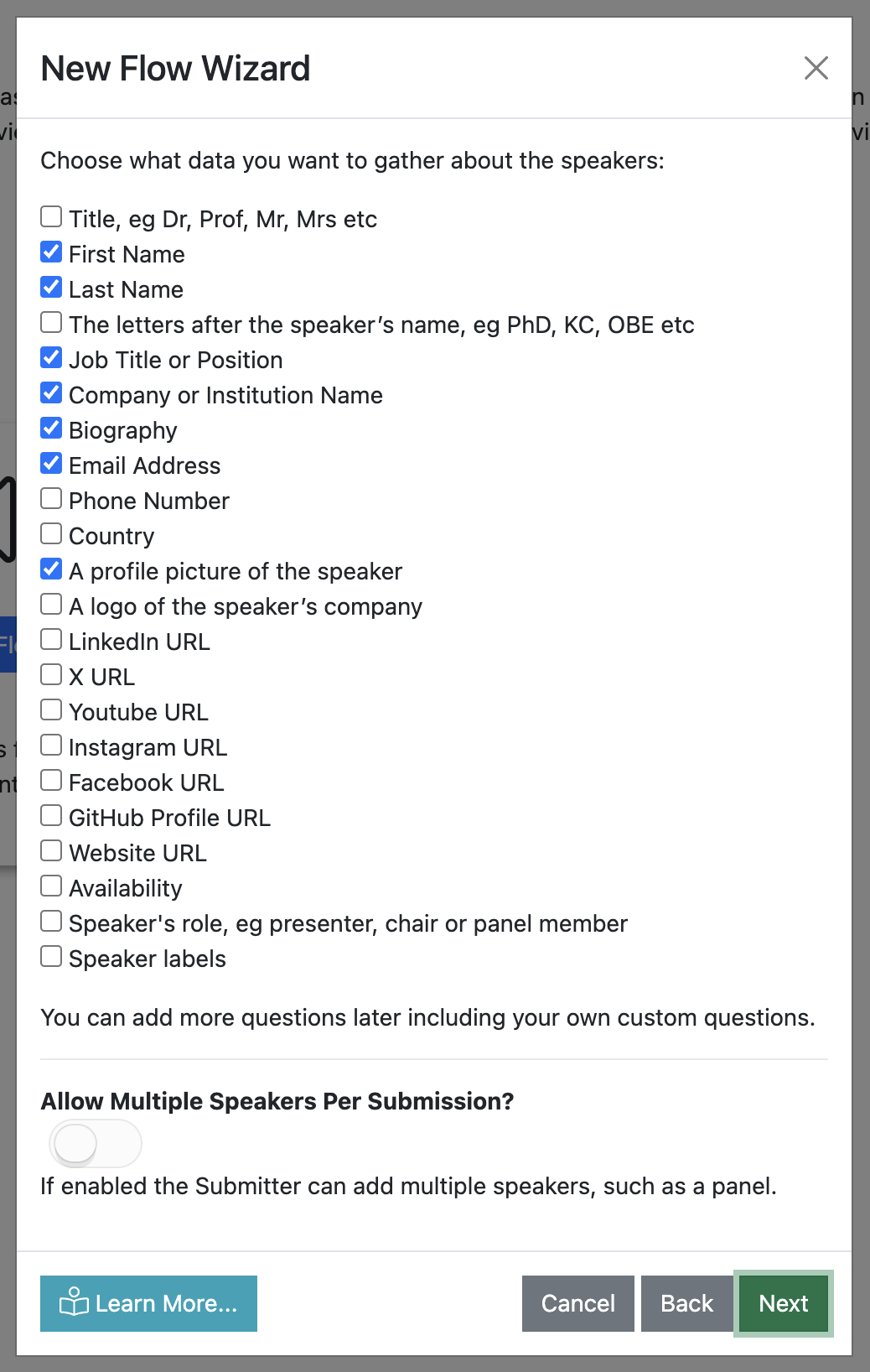 Screenshot of the New Flow Wizard asking what speaker data should be collected
